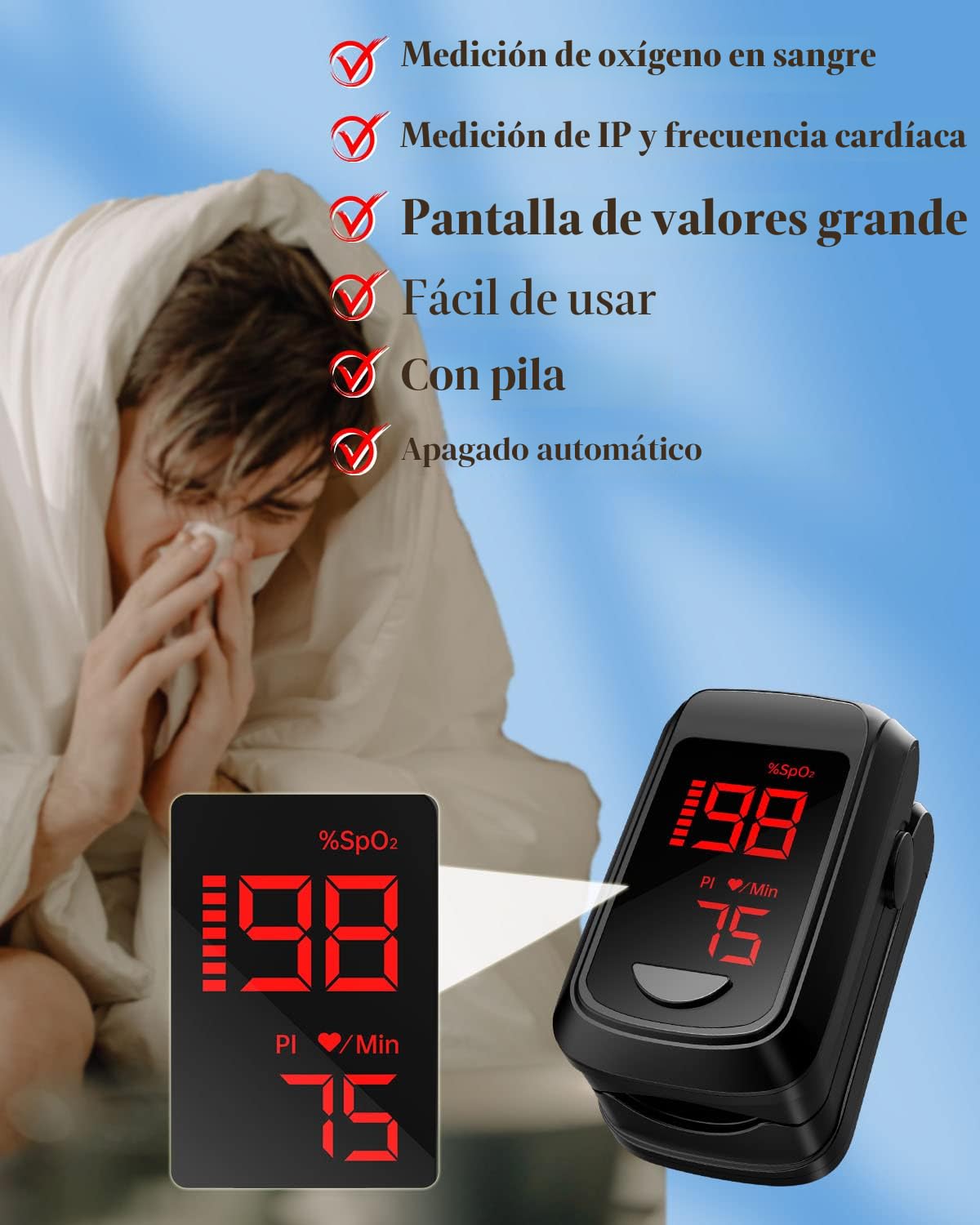 Oximetro de pulso para dedo HOLFENRY JKS50BL - Imagen 2
