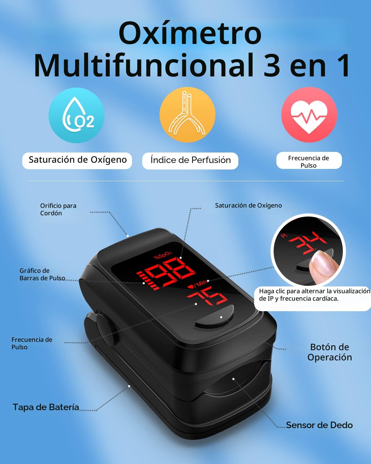 Oximetro de pulso para dedo HOLFENRY JKS50BL - Imagen 5
