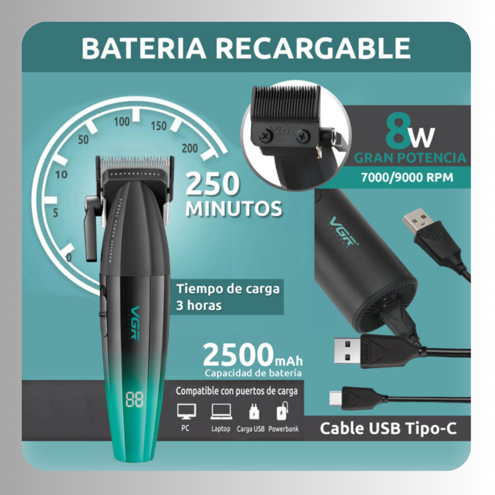 Máquina Corta Pelo Profesional VGR V-003 Turbo 9000 RPM - Imagen 2